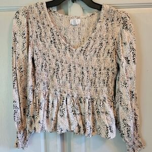Japan Tan Brown Smocked Peplum V-neck Long Sleeve Blouse